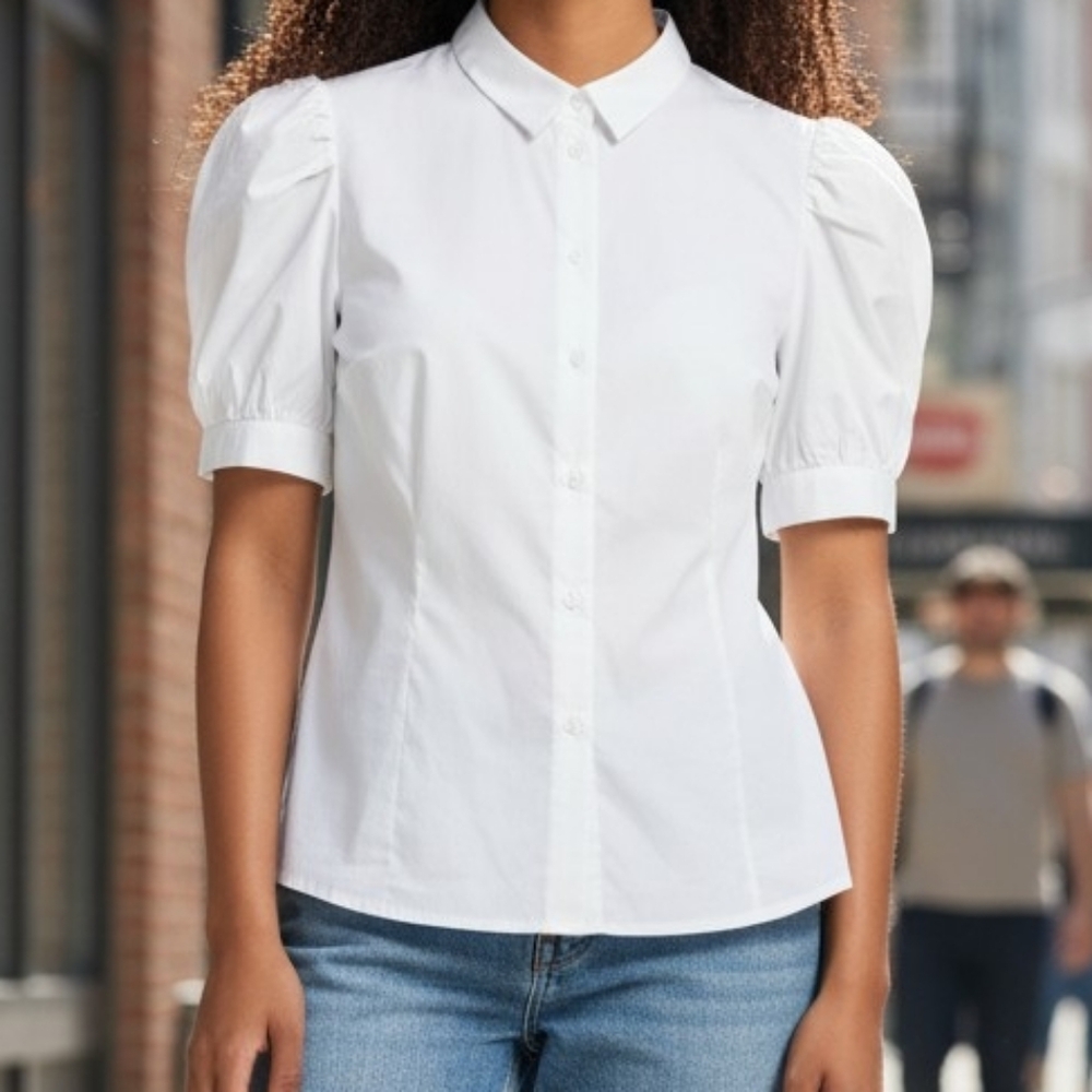 Moda International White Puff Sleeve Button-Front Blouse 4053